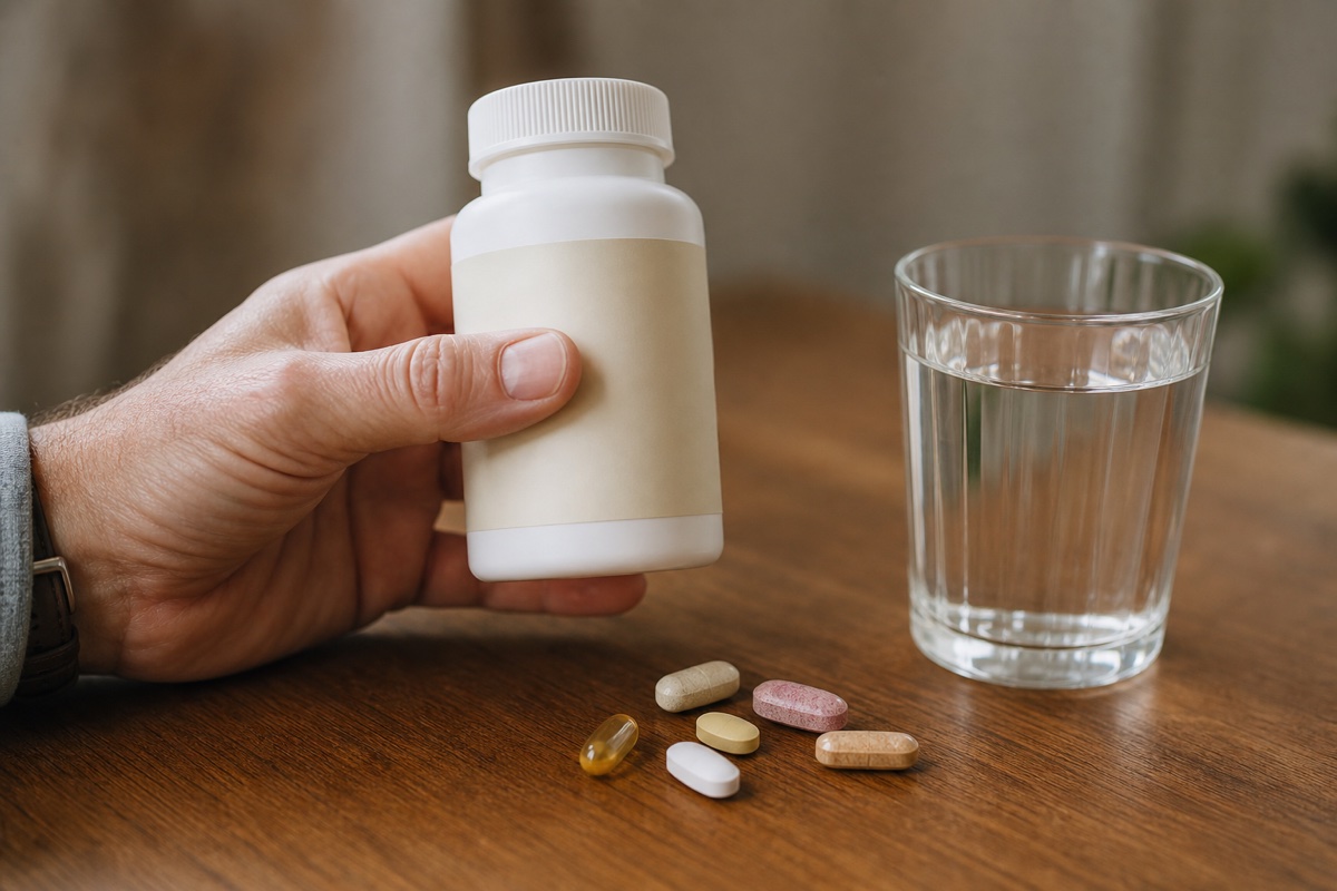 Stylised multivitamin capsule surrounded by scattered, mismatched nutrient icons