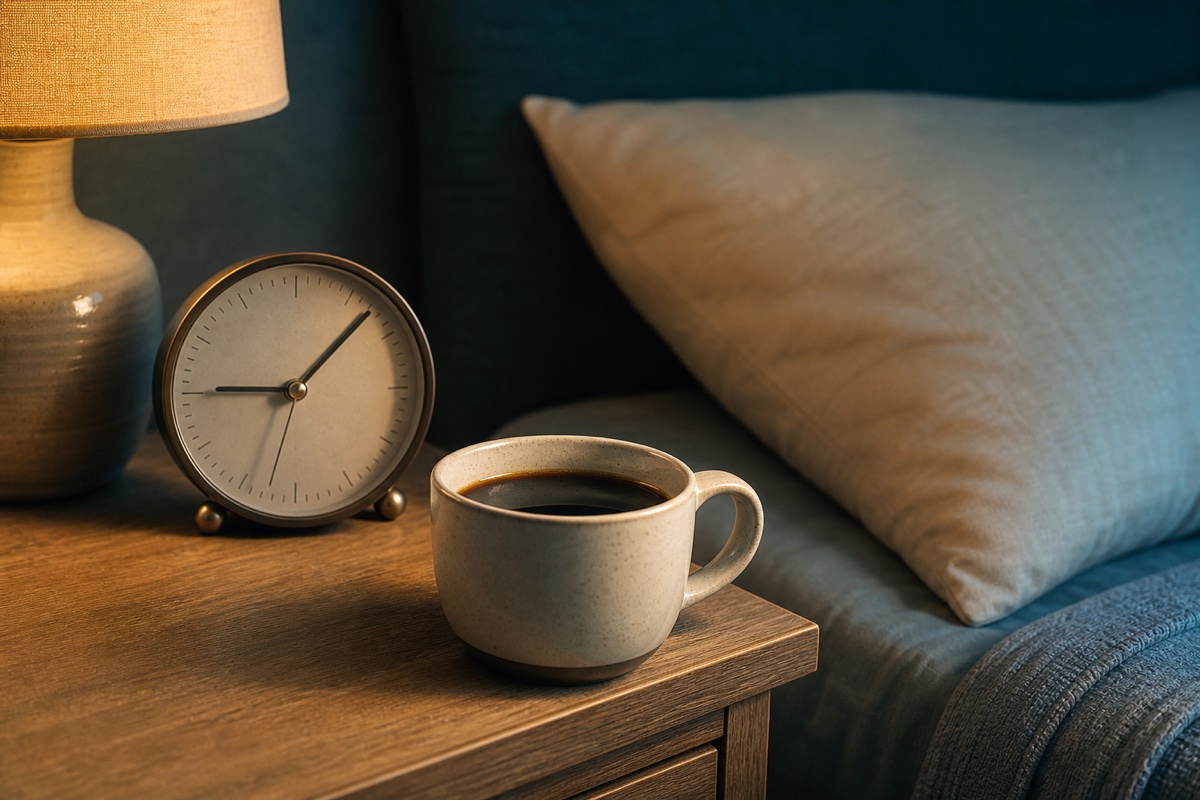 Stylised coffee cup with a clock face dissolving into it, illustrating caffeine's half-life