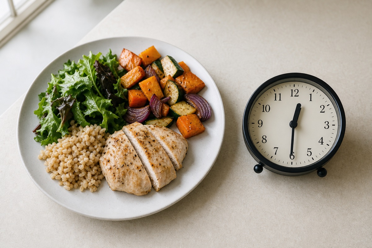 Stylised clock face with a fork and knife as the hour and minute hands