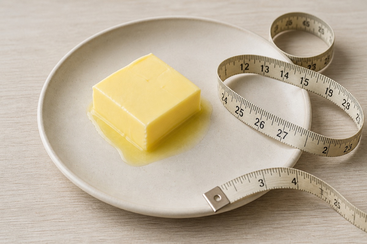Stylised set of balance scales with a fat-droplet icon on one side and a bread-grain icon on the other, level
